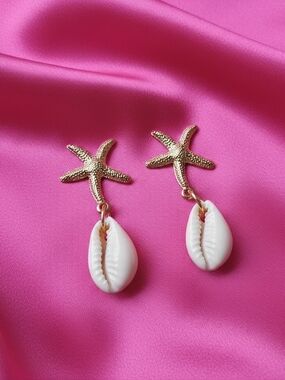 Gold Starfish & White Cowrie Shell Drop Earrings